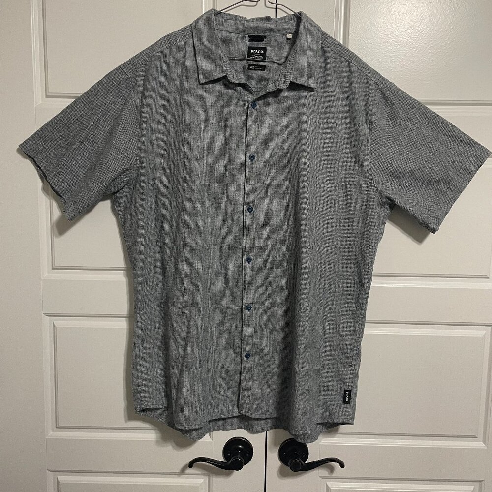 prAna Men’s XXL Slim Fit Short Sleeve Button Down Shirt Gray Organic‎ Cotton